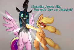 Size: 1500x1000 | Tagged: safe, artist:heir-of-rick, applejack, queen chrysalis, alicorn, changeling, earth pony, pony, g4, character to character, dialogue, digital art, disguise, disguised changeling, eyepatch, eyes closed, fake cadance, female, gray background, mare, metal gear, metal gear rising, mid-transformation, nanomachines, nanomachines son, newbie artist training grounds, reference, senator armstrong, simple background, smiling, spread wings, text, transformation, wings