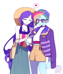Size: 774x911 | Tagged: safe, artist:dusty-munji, rainbow dash, rarity, human, g4, alternate hairstyle, blushing, clothes, duo, eyes closed, female, heart, humanized, lesbian, multicolored hair, pony coloring, ship:raridash, shipping, simple background, white background