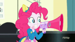 Size: 400x225 | Tagged: safe, screencap, fluttershy, pinkie pie, equestria girls, g4, my little pony equestria girls: summertime shorts, steps of pep, animated, clothes, discovery family logo, female, gif