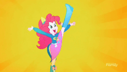 Size: 768x432 | Tagged: safe, screencap, pinkie pie, equestria girls, g4, my little pony equestria girls: summertime shorts, steps of pep, animated, boots, cheerleader, clothes, collar, discovery family logo, female, flexible, gif, kicking, shirt, shoes, skirt, solo, teenager, uniform, wonderbolts uniform