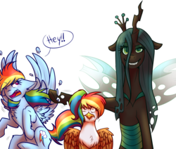Size: 1280x1084 | Tagged: safe, artist:suenden-hund, queen chrysalis, rainbow dash, oc, oc:rainbow feather, changeling, changeling queen, griffon, hippogriff, pegasus, pony, g4, female, grin, humor, interspecies offspring, magical lesbian spawn, offspring, parent:gilda, parent:rainbow dash, parents:gildash, pushing, rainbow hair, shoving, simple background, smiling, speech bubble, transparent background, uncertain parentage