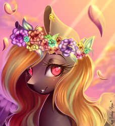 Size: 2300x2527 | Tagged: safe, artist:bambudess, oc, oc only, oc:hibiki blackwing, pony, ear piercing, female, floral head wreath, flower, gift art, high res, looking at you, mare, piercing, smiling, solo