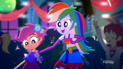 Size: 1366x768 | Tagged: safe, screencap, cloudy kicks, indigo wreath, nolan north, rainbow dash, scootaloo, equestria girls, g4, my little pony equestria girls: summertime shorts, raise this roof, clothes, dress, fall formal outfits, holding hands, multicolored hair, rainbow hair