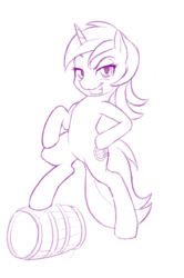 Size: 664x1000 | Tagged: safe, artist:dstears, lyra heartstrings, pony, unicorn, g4, atg 2017, barrel, bipedal, female, grin, looking at you, mare, monochrome, newbie artist training grounds, simple background, smiling, solo, white background