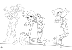 Size: 3200x2222 | Tagged: safe, artist:mauroz, apple bloom, scootaloo, spike, sweetie belle, human, g4, clothes, converse, cutie mark crusaders, high res, humanized, monochrome, piggyback ride, roller skates, scooter, shoes, simple background, smiling, white background, wip