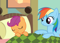 Size: 1052x744 | Tagged: safe, artist:babyshy, rainbow dash, scootaloo, pegasus, pony, g4, bed, blanket, eyes closed, female, filly, foal, mare, pillow, scootalove, show accurate, sleeping, smiling, spread wings, wings