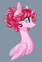 Size: 756x1110 | Tagged: safe, artist:australian-senior, pinkie pie, alicorn, pony, kirindos, g4, alicornified, alternate universe, bust, female, gray background, pinkiecorn, race swap, simple background, slender, solo, thin, xk-class end-of-the-world scenario