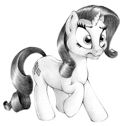 Size: 2096x2092 | Tagged: safe, artist:stallionslaughter, rarity, pony, unicorn, g4, female, grayscale, high res, mare, monochrome, pencil drawing, scared, simple background, solo, surprised, traditional art, white background