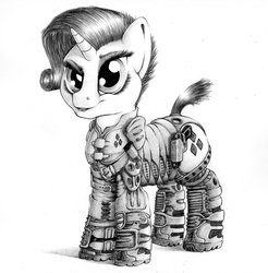 Size: 1257x1280 | Tagged: safe, artist:stallionslaughter, rarity, pony, unicorn, g4, alternate hairstyle, armor, cropped tail, fallout 4, female, gun, handgun, leather armor, mare, monochrome, pistol, solo, weapon