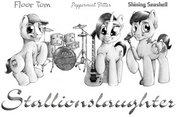 Size: 1300x858 | Tagged: safe, artist:stallionslaughter, oc, oc only, earth pony, pegasus, pony, unicorn, band, drums, guitar, metal, microphone, music, musical instrument, trio