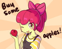 Size: 1280x1024 | Tagged: safe, artist:haden-2375, apple bloom, equestria girls, g4, adorabloom, apple, apple bloom's bow, blushing, bow, buy some apples, clothes, cute, female, food, fruit, hair bow, looking at you, one eye closed, open mouth, solo, wink