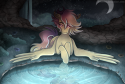 Size: 2400x1608 | Tagged: safe, artist:monnarcha, oc, oc only, oc:sunrise skies, pony, crying, female, flower, hoers, mare, moon, night, pond, prone, reflection, sad, solo