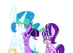 Size: 1100x800 | Tagged: safe, alternate version, artist:dragonpone, derpibooru exclusive, princess celestia, starlight glimmer, twilight sparkle, alicorn, pony, unicorn, g4, :t, angry, bff, cheek fluff, chest fluff, ear fluff, equal cutie mark, eyes closed, hug, simple background, sitting, smiling, tongue out, transparent background, trio, twilight sparkle (alicorn), winghug