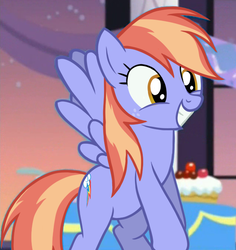 Size: 633x670 | Tagged: safe, artist:deserter, edit, edited screencap, screencap, bow hothoof, rainbow dash, windy whistles, pegasus, pony, g4, rarity investigates, alternate color palette, alternate design, cropped, female, flying, freckles, mare, palette swap, recolor, reverse colors, smiling, solo