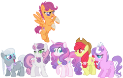 Size: 1700x1084 | Tagged: safe, artist:lullabyprince, apple bloom, diamond tiara, princess flurry heart, scootaloo, silver spoon, sweetie belle, alicorn, earth pony, pegasus, pony, unicorn, g4, alternate hairstyle, alternate mane six, alternate universe, bandage, bandana, base used, colored pupils, female, freckles, mare, older, older apple bloom, older diamond tiara, older flurry heart, older scootaloo, older silver spoon, older sweetie belle, simple background, transparent background