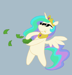 Size: 900x933 | Tagged: safe, artist:bra1neater, princess celestia, pony, g4, 1000 hours in ms paint, bipedal, female, gold tooth, money, ms paint, smiling, solo, sunglasses