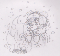 Size: 563x521 | Tagged: safe, artist:threetwotwo32232, rainbow dash, pony, g4, beanie, clothes, cold, earmuffs, female, fire, freezing, hat, jacket, monochrome, newbie artist training grounds, pencil drawing, shivering, snow, solo, traditional art