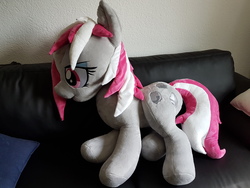 Size: 2880x2160 | Tagged: safe, artist:sakusay, oc, oc only, oc:hired gun, earth pony, pony, fallout equestria, fallout equestria: heroes, female, grumpy, high res, irl, life size, mare, photo, plushie, solo