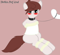 Size: 3243x3000 | Tagged: source needed, useless source url, safe, artist:dookin, oc, oc only, pony, blushing, bondage, collar, crossdressing, cute, high res, leash, looking at you, simple background, sitting