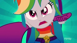 Size: 1920x1080 | Tagged: safe, screencap, rainbow dash, equestria girls, g4, my little pony equestria girls: summertime shorts, raise this roof, clothes, discovery family logo, dress, fall formal outfits, female, fingerless gloves, fist, gloves, multicolored hair, out of context, rainbow hair, solo
