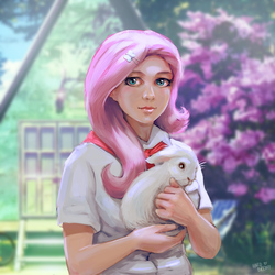 Size: 1200x1200 | Tagged: safe, artist:hardbrony, angel bunny, fluttershy, human, rabbit, g4, clothes, crossover, everlasting summer, house, humanized, looking at you, outdoors, pioneer, tree