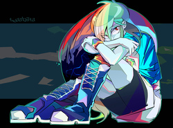 Size: 1600x1184 | Tagged: safe, artist:tyuubatu, rainbow dash, equestria girls, g4, boots, clothes, female, multicolored hair, shirt, shoes, shorts, sitting, sneakers, solo