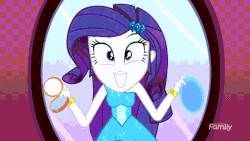 Size: 960x540 | Tagged: safe, screencap, rarity, equestria girls, g4, make up shake up, my little pony equestria girls: summertime shorts, absurd file size, absurd gif size, animated, cute, fall formal outfits, female, gif, offscreen character, pov, raribetes