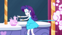 Size: 1920x1080 | Tagged: safe, screencap, rarity, equestria girls, g4, make up shake up, my little pony equestria girls: summertime shorts, and then there's rarity, animated, cup, discovery family logo, dust cloud, female, food, no sound, raritea, solo, tea, tea time, teacup, teapot, webm