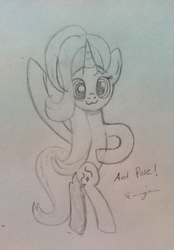 Size: 718x1030 | Tagged: safe, artist:ponyenigma, starlight glimmer, pony, unicorn, g4, :3, ballet, bipedal, female, looking at you, monochrome, pose, solo, traditional art