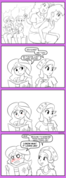 Size: 450x1200 | Tagged: safe, artist:empyu, pinkie pie, rainbow dash, starlight glimmer, sunset shimmer, equestria girls, equestria girls specials, g4, mirror magic, 4 panel comic, beanie, blushing, book, clothes, comic, dialogue, drinking, hat, humans riding humans, monochrome, piggyback ride, riding, riding human, shirt, sitting, smiling, writing