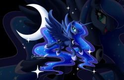 Size: 800x518 | Tagged: dead source, safe, artist:arcadianphoenix, princess luna, alicorn, pony, g4, crescent moon, crown, female, jewelry, mare, moon, regalia, smiling, solo, transparent moon, zoom layer