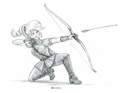 Size: 1400x1050 | Tagged: safe, artist:baron engel, applejack, equestria girls, g4, my little pony equestria girls: friendship games, alternate hairstyle, archery, arrow, bow (weapon), clothes, female, grayscale, monochrome, pencil drawing, simple background, sketch, smiling, solo, traditional art, white background