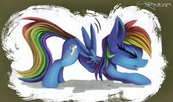 Size: 1525x900 | Tagged: safe, artist:ferasor, rainbow dash, pegasus, pony, g4, atg 2017, eyes closed, female, mare, multicolored hair, newbie artist training grounds, solo, stretching