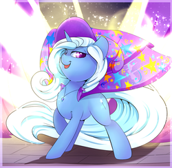 Size: 1397x1362 | Tagged: safe, artist:madacon, trixie, pony, unicorn, g4, atg 2017, cape, clothes, color porn, female, hat, jewelry, looking at you, mare, necklace, newbie artist training grounds, smiling, solo, stage, trixie's cape, trixie's hat