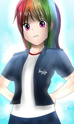 Size: 1500x2500 | Tagged: safe, artist:linlaifeng, rainbow dash, human, g4, clothes, female, humanized, looking at you, solo, vest