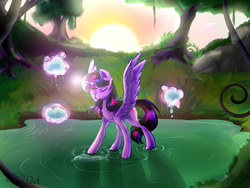 Size: 1400x1050 | Tagged: safe, artist:wolfchen999, twilight sparkle, alicorn, pony, g4, female, magic, magic training, mare, meditating, outdoors, solo, telekinesis, twilight sparkle (alicorn), water