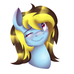 Size: 1500x1500 | Tagged: safe, artist:sketchthebluepegasus, oc, oc only, oc:thunder shine, pony, bust, female, mare, one eye closed, portrait, simple background, solo, transparent background, wink