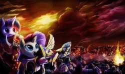 Size: 2560x1511 | Tagged: safe, artist:blazingstred, artist:stdeadra, rarity, twilight sparkle, pony, g4, armor, army, chaos, chaos space marine, clothes, collaboration, crossover, emperor's children, female, fight, mare, open mouth, space marine, warhammer (game), warhammer 40k
