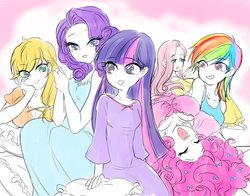 Size: 2039x1600 | Tagged: safe, artist:sirasu_candy, applejack, fluttershy, pinkie pie, rainbow dash, rarity, twilight sparkle, human, g4, bed, bow, clothes, cute, eyes closed, hair bow, humanized, laughing, looking at you, mane six, nightgown, open mouth, pillow, smiling