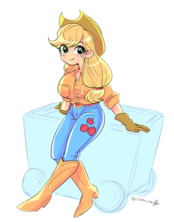 Size: 1600x2039 | Tagged: safe, artist:sirasu_candy, applejack, human, g4, big breasts, breasts, busty applejack, clothes, cute, female, gloves, humanized, jackabetes, looking at you, smiling, solo