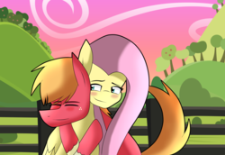 Size: 3553x2448 | Tagged: safe, artist:sapphireartemis, big macintosh, fluttershy, earth pony, pony, g4, female, fence, high res, hug, male, ship:fluttermac, shipping, straight, tree