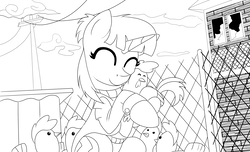 Size: 2800x1700 | Tagged: safe, artist:elmutanto, oc, oc only, oc:sparkplug, bird, chicken, pony, unicorn, fallout equestria, abduction, black and white, chicken pen, cloud, derp, electric pole, fallout 4, grayscale, hen, hostage, inspired, lineart, monochrome, oberland station, pen, rooster, sketch