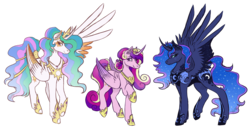 Size: 2529x1313 | Tagged: safe, artist:monnarcha, princess cadance, princess celestia, princess luna, alicorn, pony, g4, alicorn triarchy, crown, curved horn, female, hoers, horn, jewelry, large wings, mare, raised hoof, regalia, royal sisters, simple background, smiling, transparent background, trio, wings