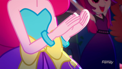 Size: 1280x720 | Tagged: safe, screencap, golden hazel, mystery mint, pinkie pie, equestria girls, g4, my little pony equestria girls: summertime shorts, raise this roof, boobshot, breasts, clapping, clothes, discovery family logo, dress, fall formal outfits, pictures of chests