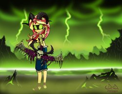 Size: 1013x788 | Tagged: safe, artist:doppiad-doubled, sunset shimmer, equestria girls, g4, crossover, demon hunter, female, glowing eyes, solo, warcraft, weapon, world of warcraft