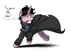 Size: 1400x1000 | Tagged: safe, artist:redheadfly, natural deduction, pony, unicorn, g4, clothes, crossover, dialogue, male, ponified, sherlock, sherlock holmes, simple background, solo, stallion, white background