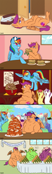 Size: 1200x4009 | Tagged: safe, artist:floots, apple bloom, rainbow dash, scootaloo, sweetie belle, oc, oc:bric-a-brac, pony, g4, blowing, blowing whistle, coach rainbow dash, comic, eating contest, fat, food, morbidly obese, obese, rainblow dash, scootalard, training montage, weight gain, weight gain sequence, whistle