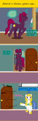 Size: 1000x3210 | Tagged: safe, artist:hakar-kerarmor, tempest shadow, oc, oc:nors, pony, unicorn, ask four inept guardponies, g4, my little pony: the movie, alternate hairstyle, broken horn, cake, door, eyes closed, female, flashback, food, horn, knife, male, mare, ouch, royal guard, stallion, start of darkness