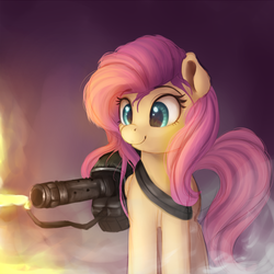 Size: 1000x1000 | Tagged: safe, artist:vanillaghosties, fluttershy, pegasus, pony, g4, atg 2017, badass, cute, face of mercy, female, fire, flamethrower, flutterbadass, folded wings, grimcute, looking at something, mare, newbie artist training grounds, reaction image, shyabetes, smiling, smoke, solo, some mares just want to watch the world burn, standing, weapon
