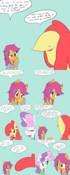 Size: 1600x4000 | Tagged: safe, artist:jake heritagu, apple bloom, scootaloo, sweetie belle, earth pony, pony, comic:ask motherly scootaloo, g4, clothes, comic, hairpin, motherly scootaloo, sweater, sweatshirt